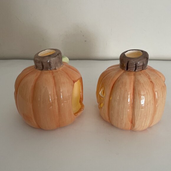 VTG Fortunoff Halloween Pumpkin Votive Candle Holders Jack O Lantern Set Of 2 - Picture 4 of 9